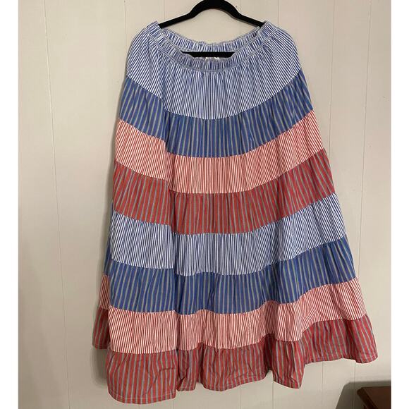 Bechamel Tiered 100% Cotton Red Blue Striped Maxi Skirt Large Cottage Boho Lagen - Picture 1 of 7